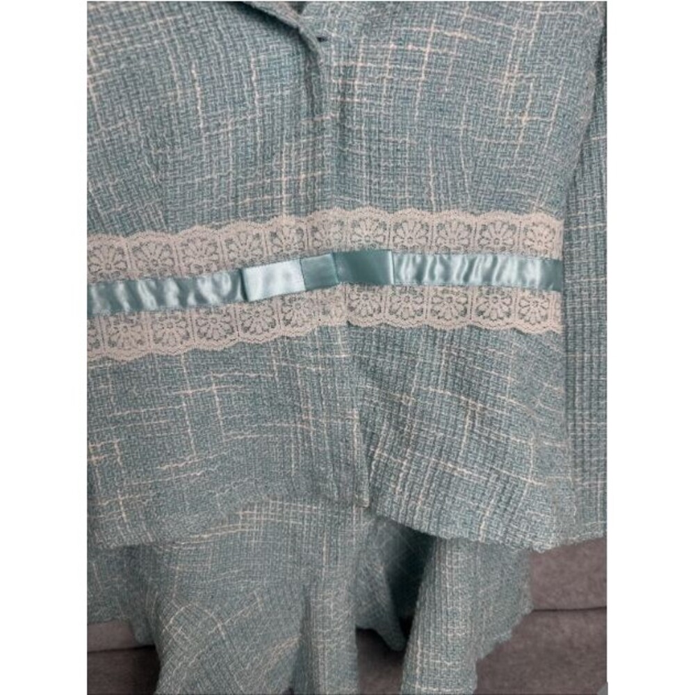 Vintage Teal Blue White Tweed Blazer Ribbon Skirt Set Girls Sz 16 Lace Bow - Picture 3 of 8